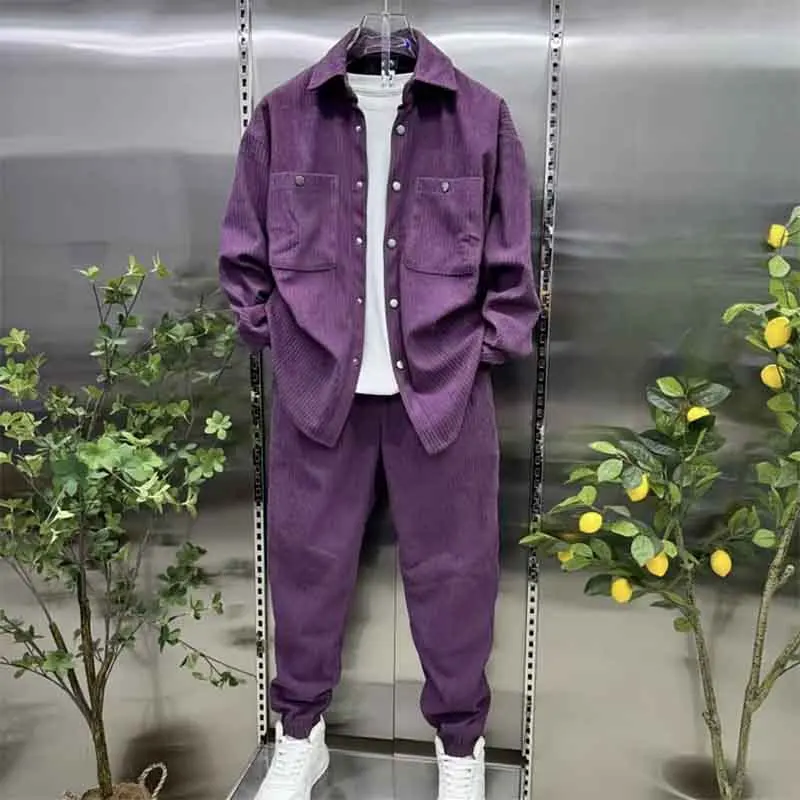 Fall New Men's Fleece Fashion Suit Versatile Shirt Jacket Straight-Leg Slacks Two-Piece Set