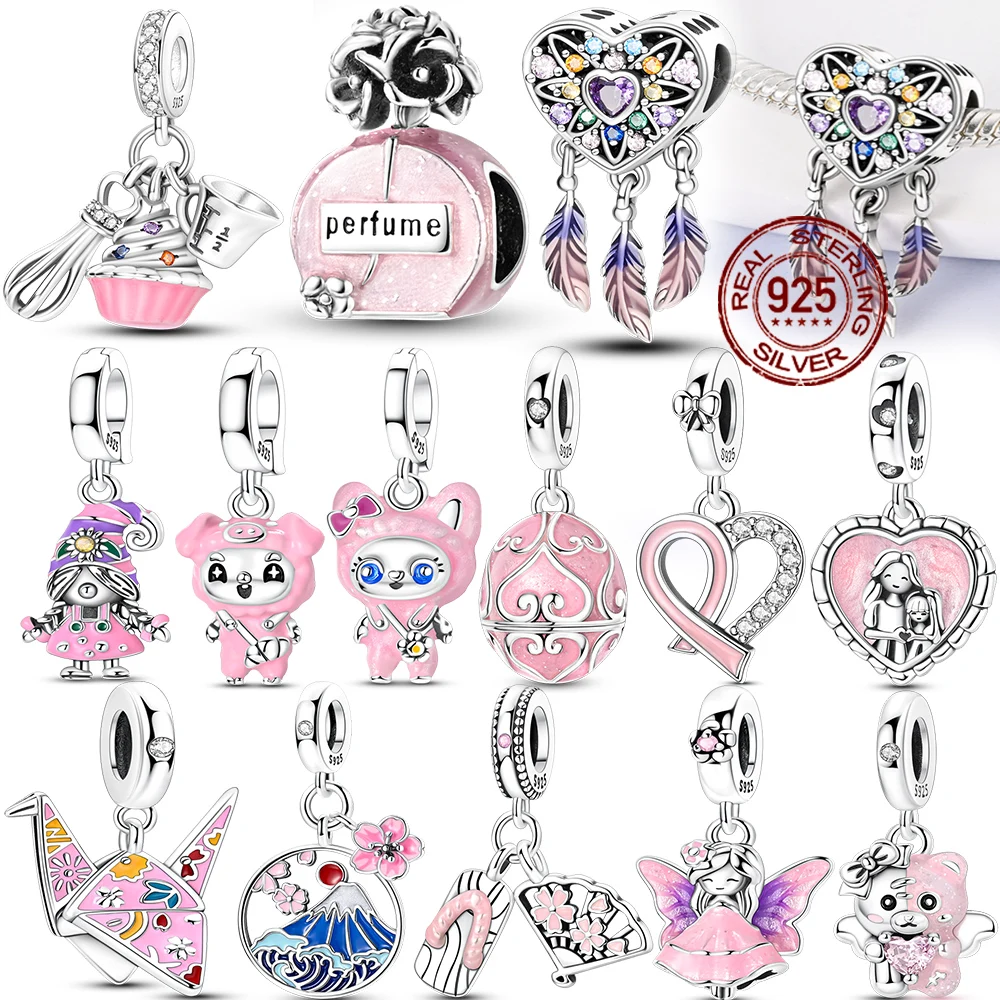 Abalorios y Colgantes Originales Pink Charms de Plata de Ley 925 con Forma de Corazón, Perfume y Atrapasueños, Compatibles con Pulseras, para Fabricación de Joyas DIY para Mujer