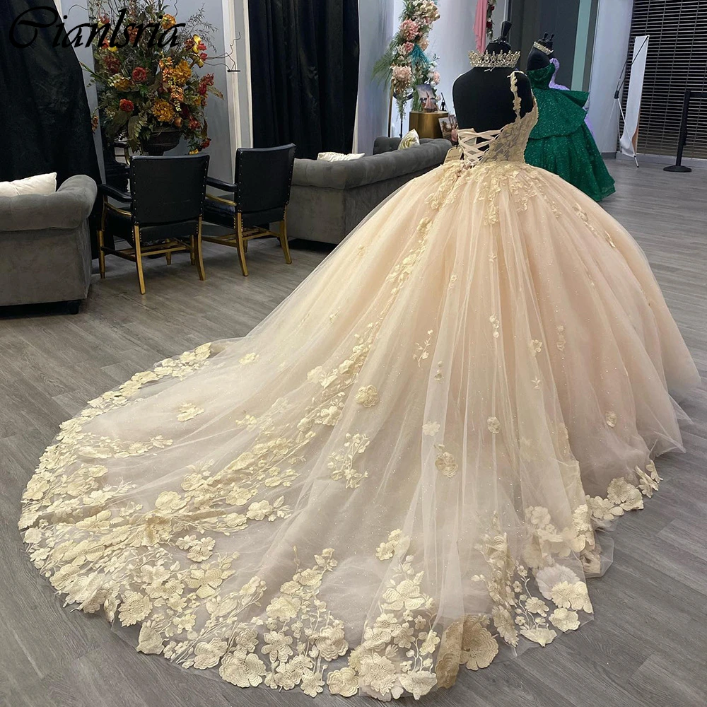 Vestido De baile De quinceañera con perlas De ilusión champán, vestido De quinceañera con tirantes finos, apliques florales, corsé De encaje, 15 Años