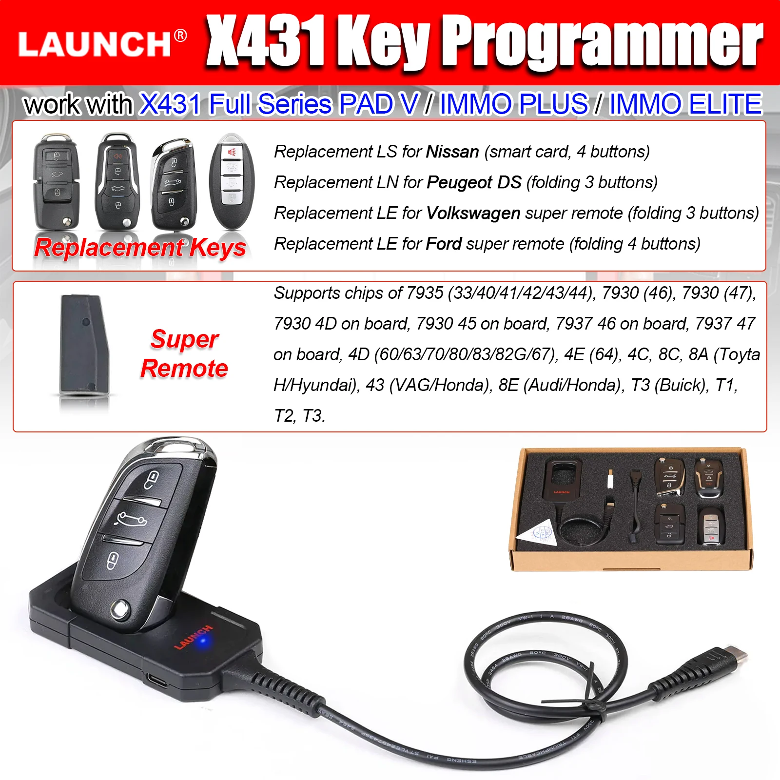 LAUNCH X431 Key Programmer Remote Maker with 4pcs Universal Remote Super Chip X431 Series PAD V / PAD VI IMMO PLUS / IMMO ELITE