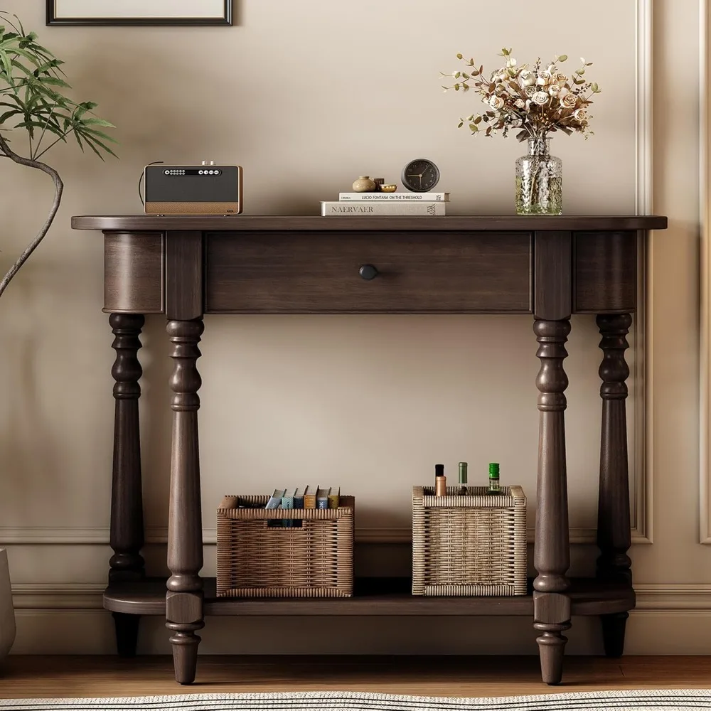 Small Curved Console Table 36-Inch Retro Farmhouse Wood Entry Sofa Table with Drawer & Storage Shelf for Living Room Hall
