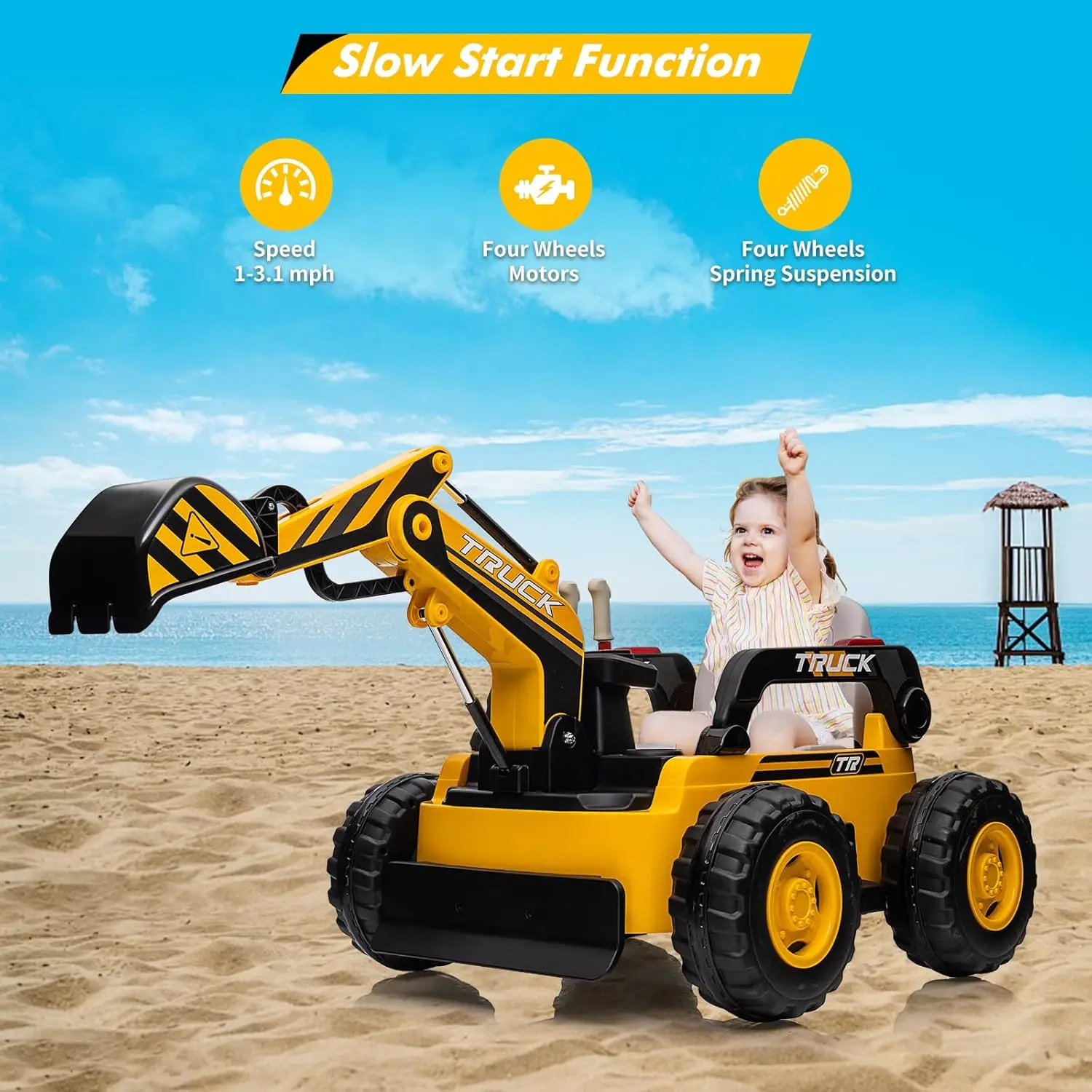 360 °   Brinquedo de equitação de rotação para crianças, escavadeira elétrica, carro com controle remoto, braço de escavação, motores 4x75w, luz traseira led