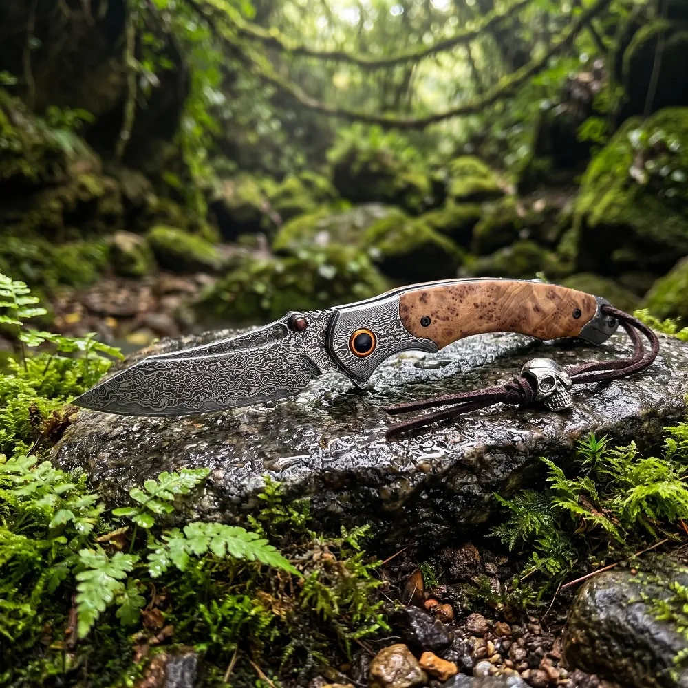 High Hardness Damascus Pattern Folding Knife Vintage Decorative Collectible Pocket Knife for Gift Collection Fishing Knives