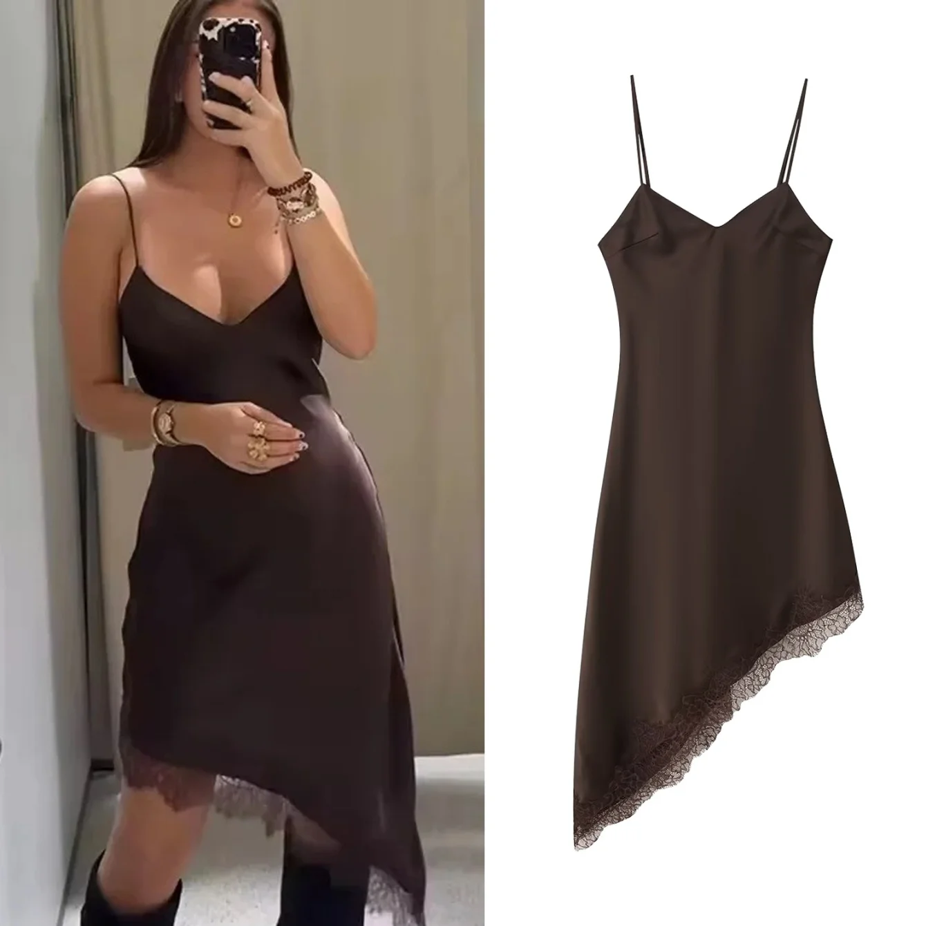 Letnia damska satynowa sukienka na ramiączkach z asymetrycznym dołem, koronkowym wykończeniem, odkrytymi plecami, elegancka, seksowna, imprezowa sukienka na cienkich ramiączkach.