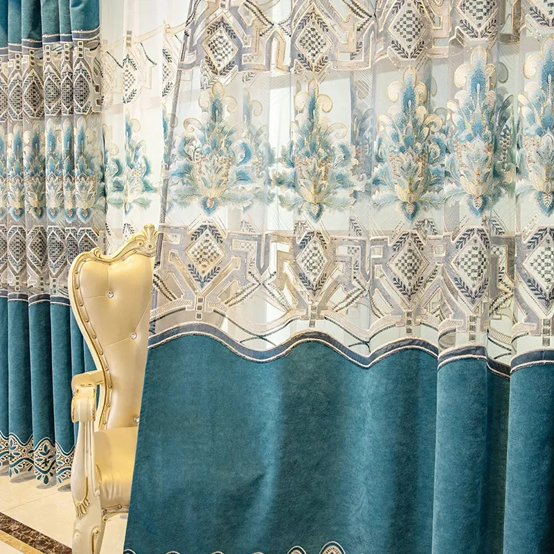 European Style Green Curtains for Living Room Bedroom Dining Chenille Hollow Embroidery Luxury Window Drapes Shading Custom Size