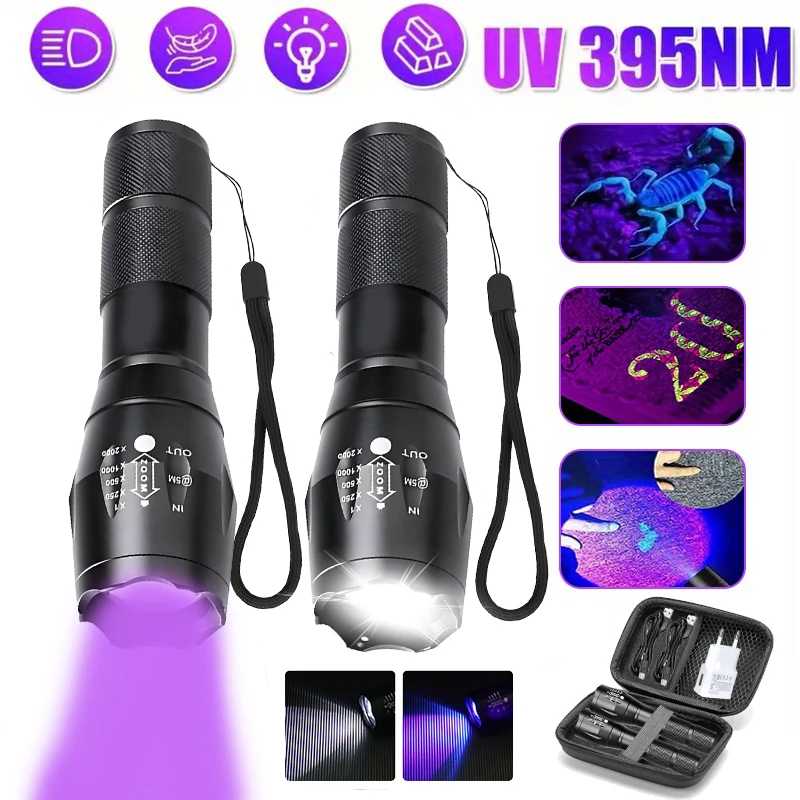 

2 In 1 Ultraviolet Flashlight Purple White Dual Light Zoomable Torch Built in Battery Recharge Scorpion Hunting UV Flashlights