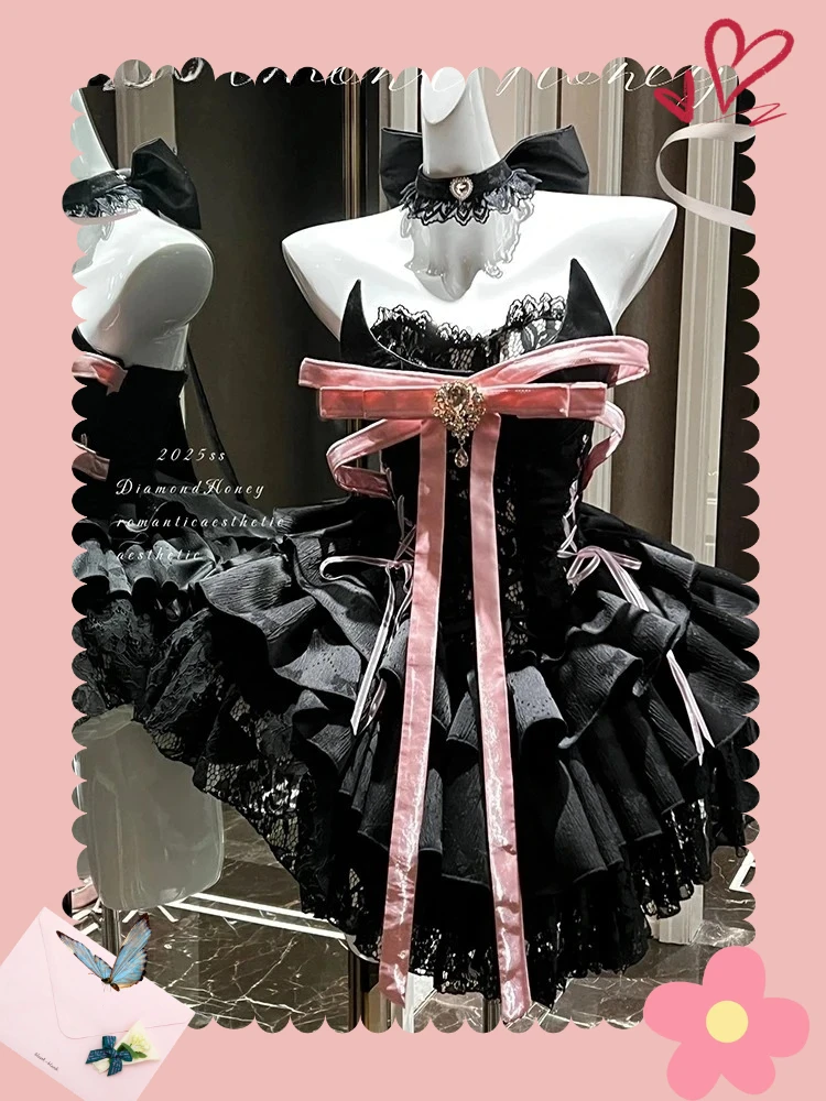 

Sweet Girl Princess High Waist Tube Top Off-Shoulder Black Pink Dress Japanese Bow Lace Lace-Up Birthday Party Dresses
