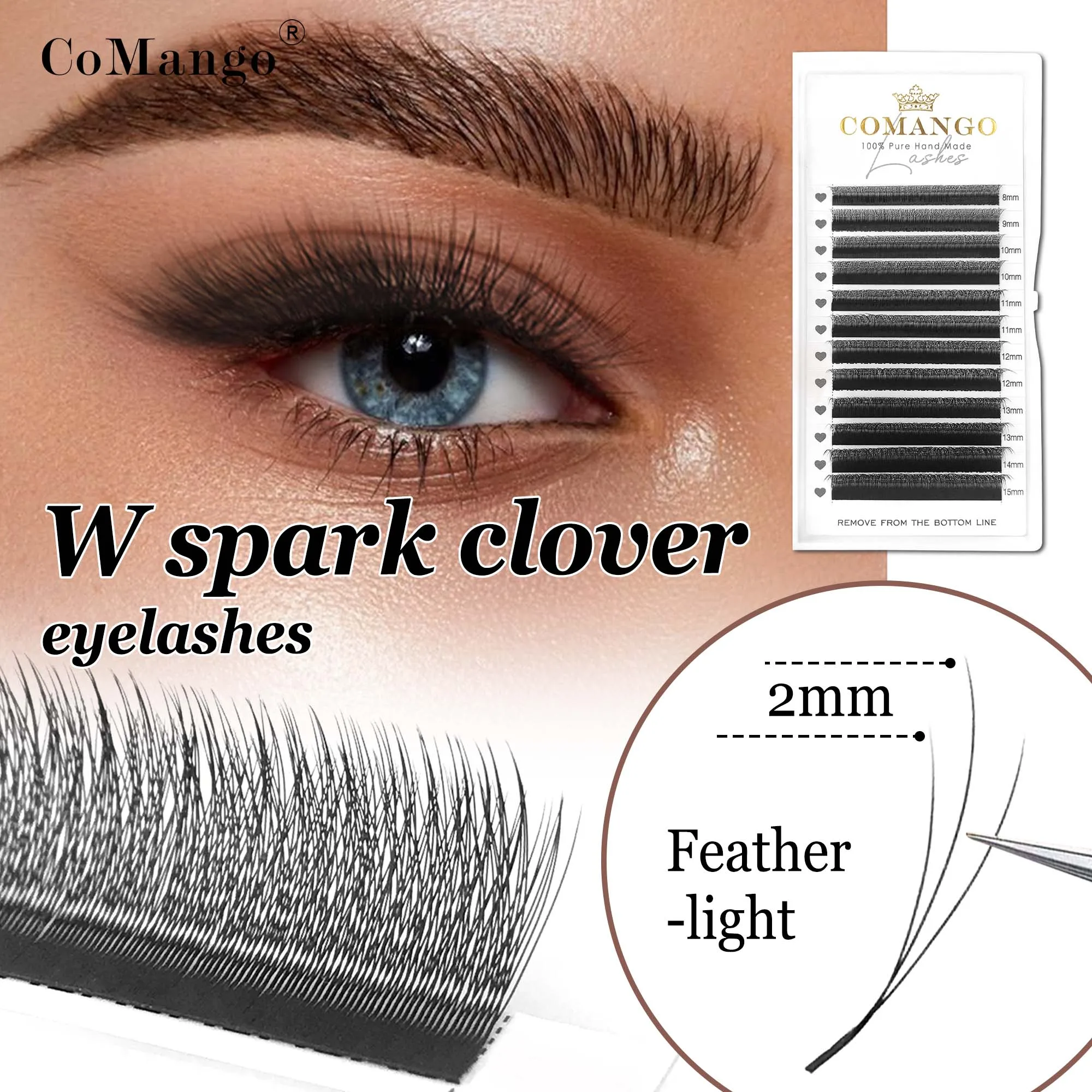 

CoMango W Style Narrow 3D Spark Clover Lashes Premade Volume Eyelash Extensions C/D Curl Super Soft Black Lashes