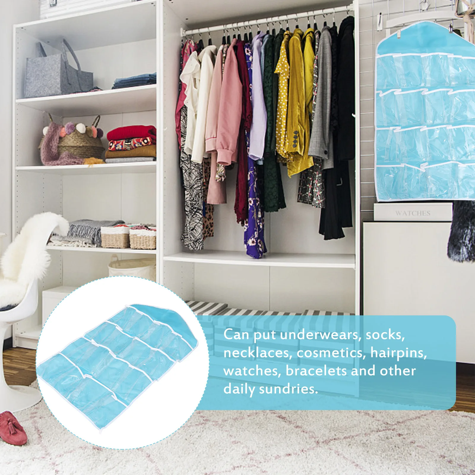 

16 Grids Hanging Organizer for Socks Underwear Clothes Storage Bag with 16 Pockets Hanger Closet Door Shoe Rack Blue