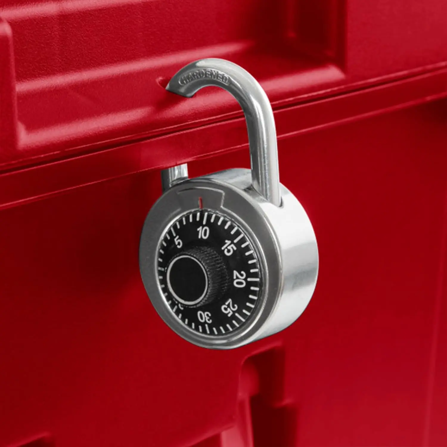 Wheeled Footlocker, Plastic Utility Lockable Storage Container With Handle, Red