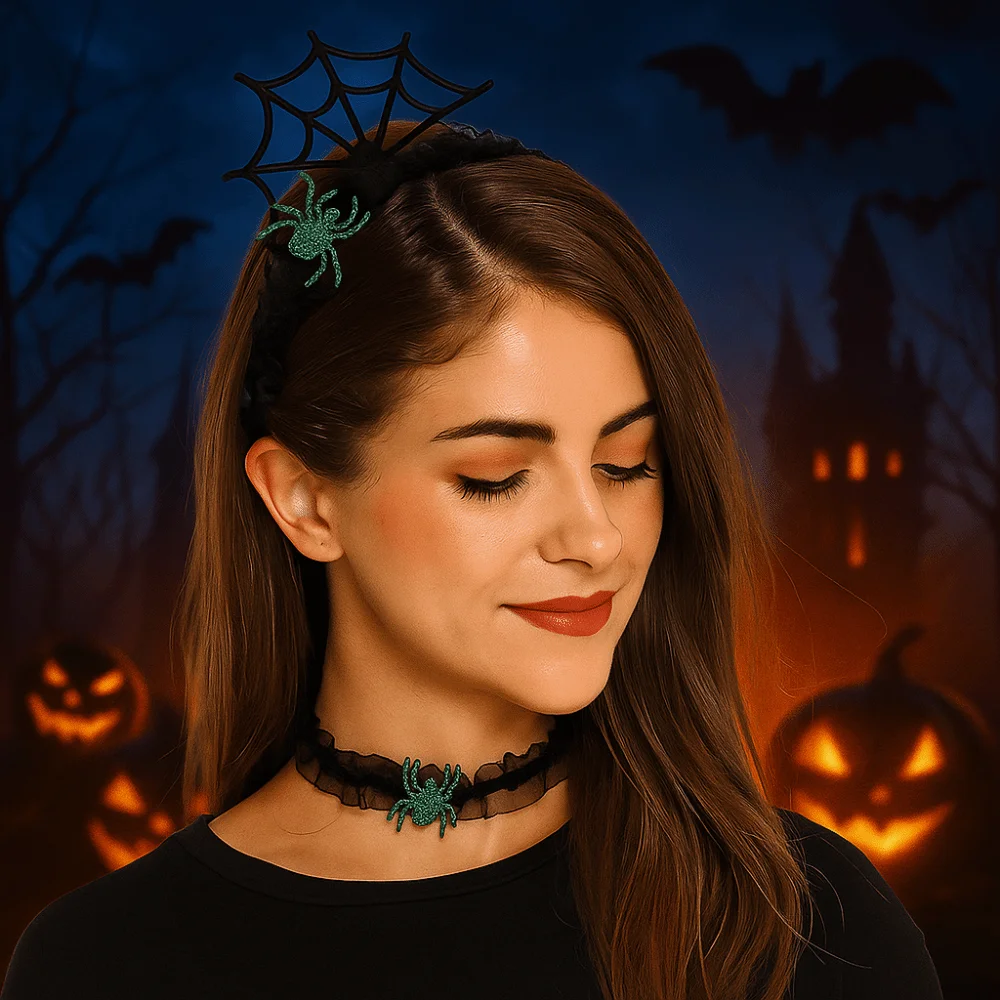 Fashion Black Halloween Headband Mesh Hollow Hairband Necklace Set Ruffles Cosplay Props Spider Web Hairband Boys/Girls