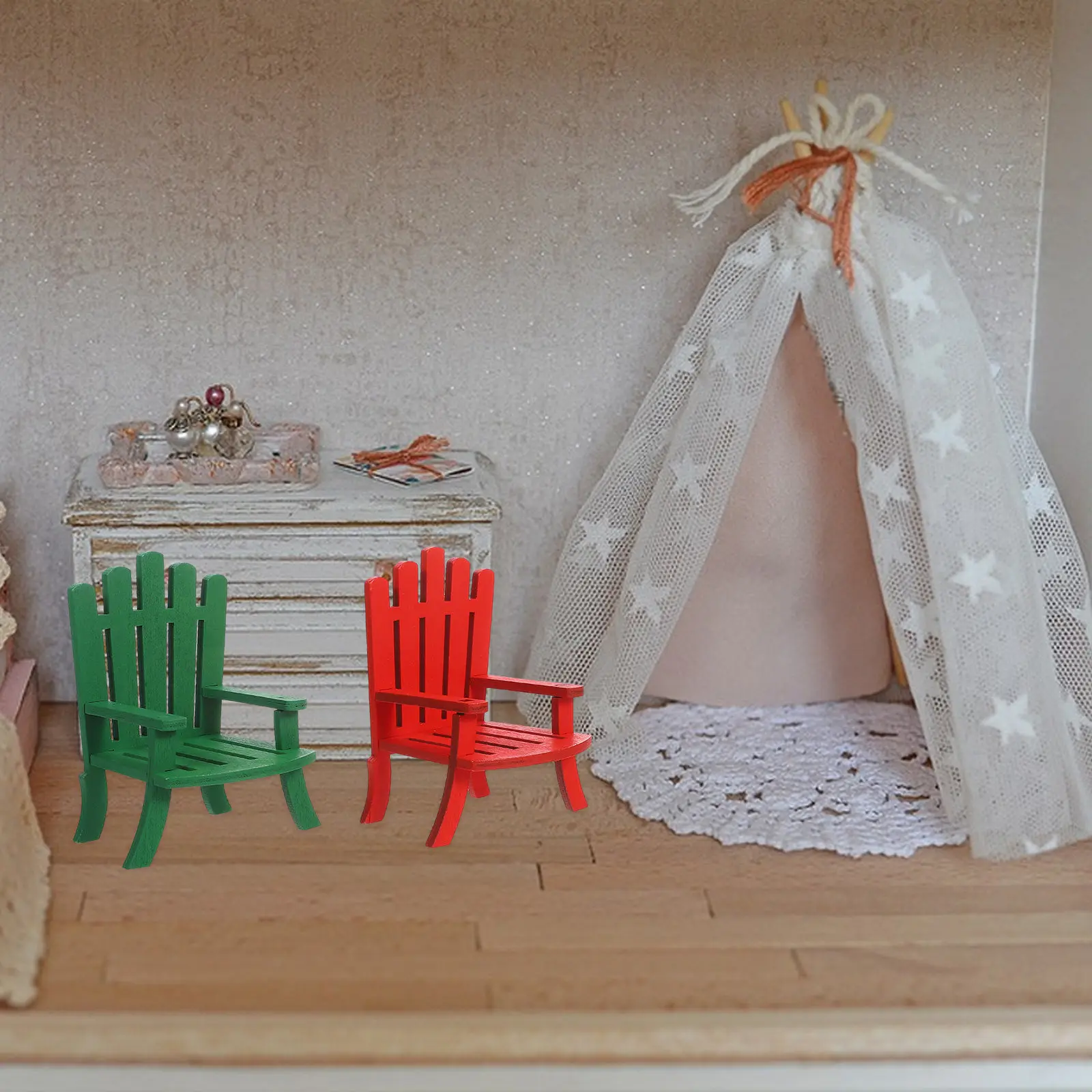

2Pcs Wood Miniature Beach Chairs Realistic 1:12 Scale for Dollhouse Furniture Summer Scene Decoration Miniature Wooden Chairs