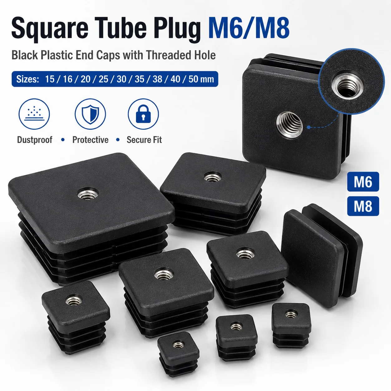 4-20Pcs Plastic Square Pipe Plugs M6 M8, Blanking End Caps with Nut Hole for Tube Furniture Leg Feet & Cover Inserts
