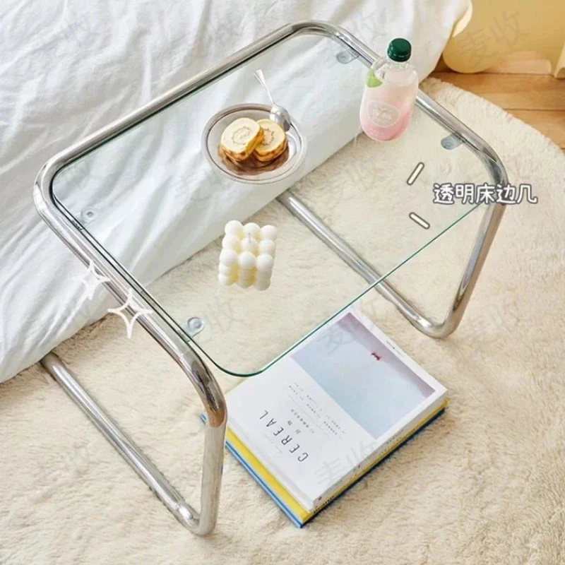 Crystal Glass Side Table with Stainless Steel Frame Modern Coffee Table for Home or Photography Base Transparent Design