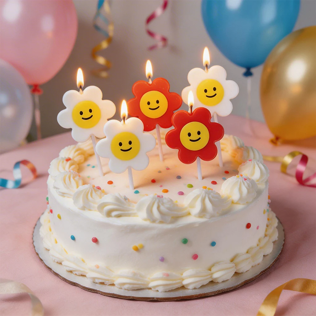 5-teiliges Sonnenblumen-Kerzenset, Niedliche Rot-Weiße Lächelnde Blumen-Kuchendekoration für Kindergeburtstage, Backzubehör