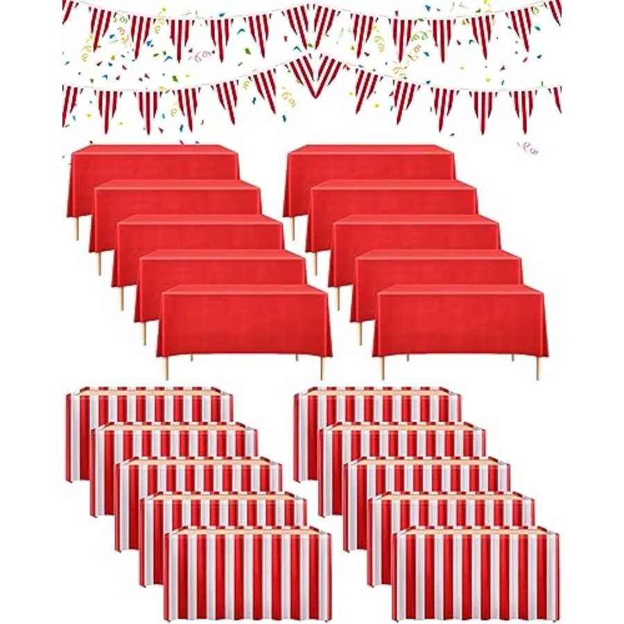 

Набор декораций для карнавальной вечеринки: скатерти и юбки для стола в цирковом стиле, красно-белые полосатые гирлянды-флажки, цирковые баннеры