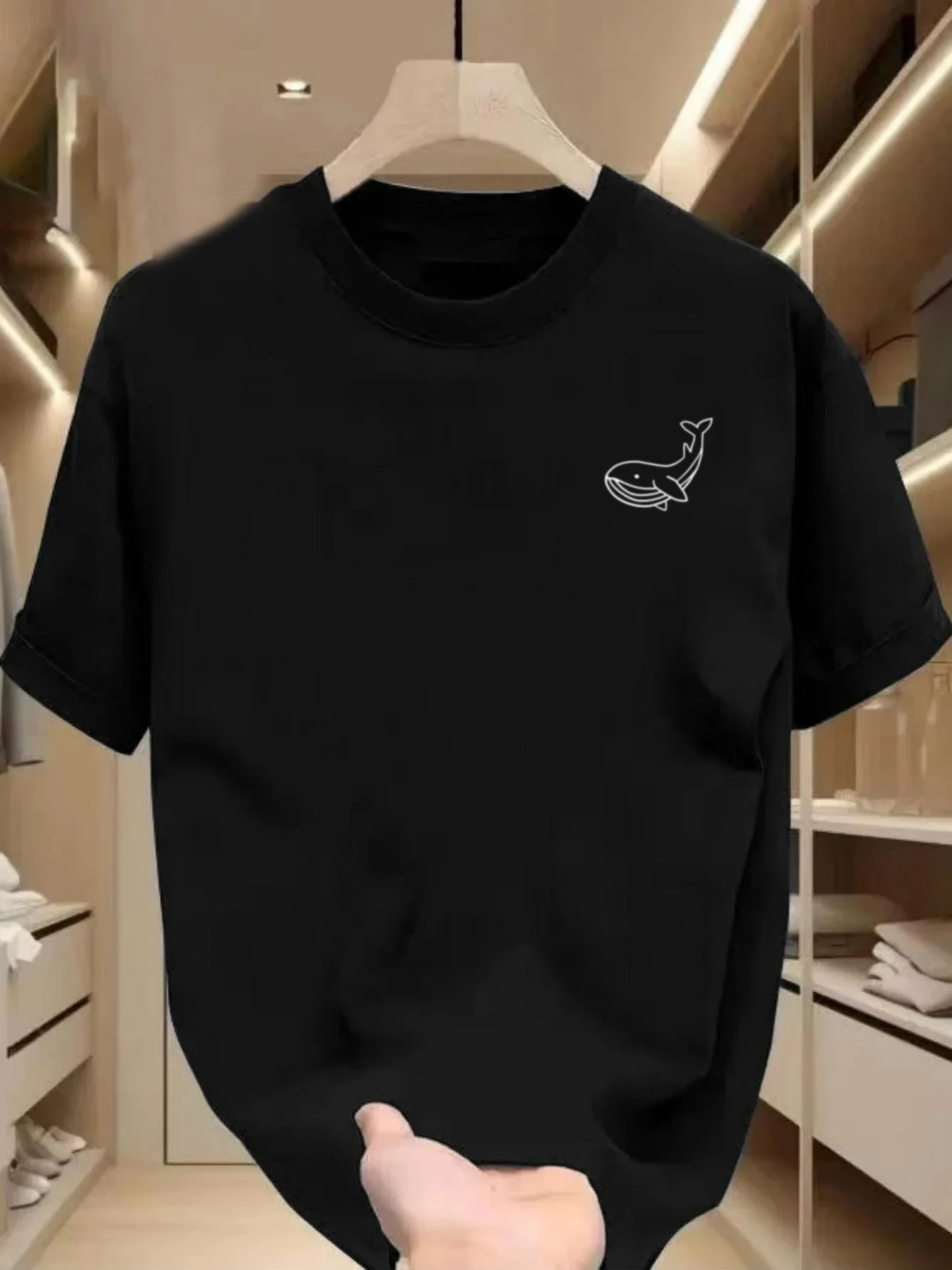 Asian size Whale Pattern Printed Round Neck Short Sleeve T-shirt Top men's Summer Fashionable Casual Sports Shirt men Clothes