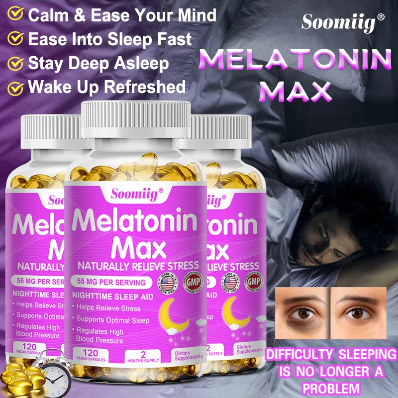 Soomiig Melatonin Capsules Relieve Insomnia Helps Sleep, Increases Work Efficiency, Improves Sleep Quality, Reduces Waking Time