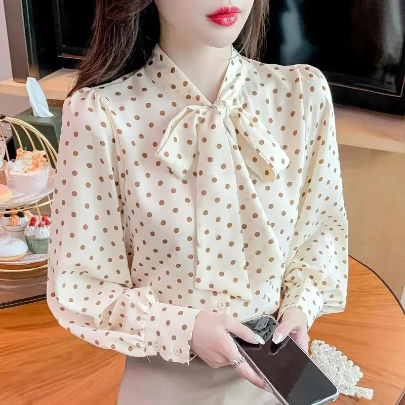 2022 New Autumn Korean Elegant Polka Dot Printed Bow Chiffon Shirt for Women Casual Long Sleeve Loose Office Lady Blouse Top 4XL