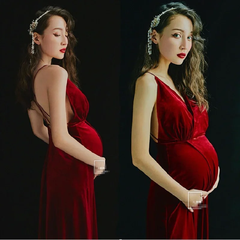 Sexy Elegant Maternity Photography Props Red V-neck Suspender Backless Pregnant Women Dress Pregnancy Split Dress Clothes
