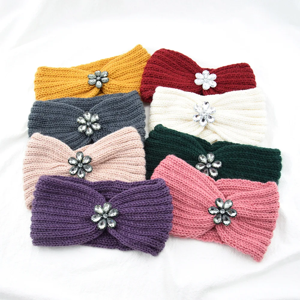 Elegant Rhinestone Flowers Knitted Headband Women Sports Yoga Elastic Hairbands Bandana Autumn Winter Ear Protection Headwrap