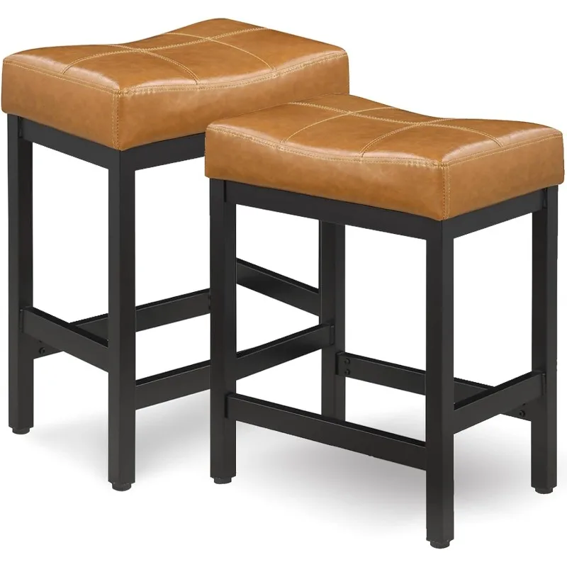 Bar Stools Set of 2, Counter Height Stools 24 Inch Saddle Stools, PU Leather Kitchen Barstools with Metal Base,