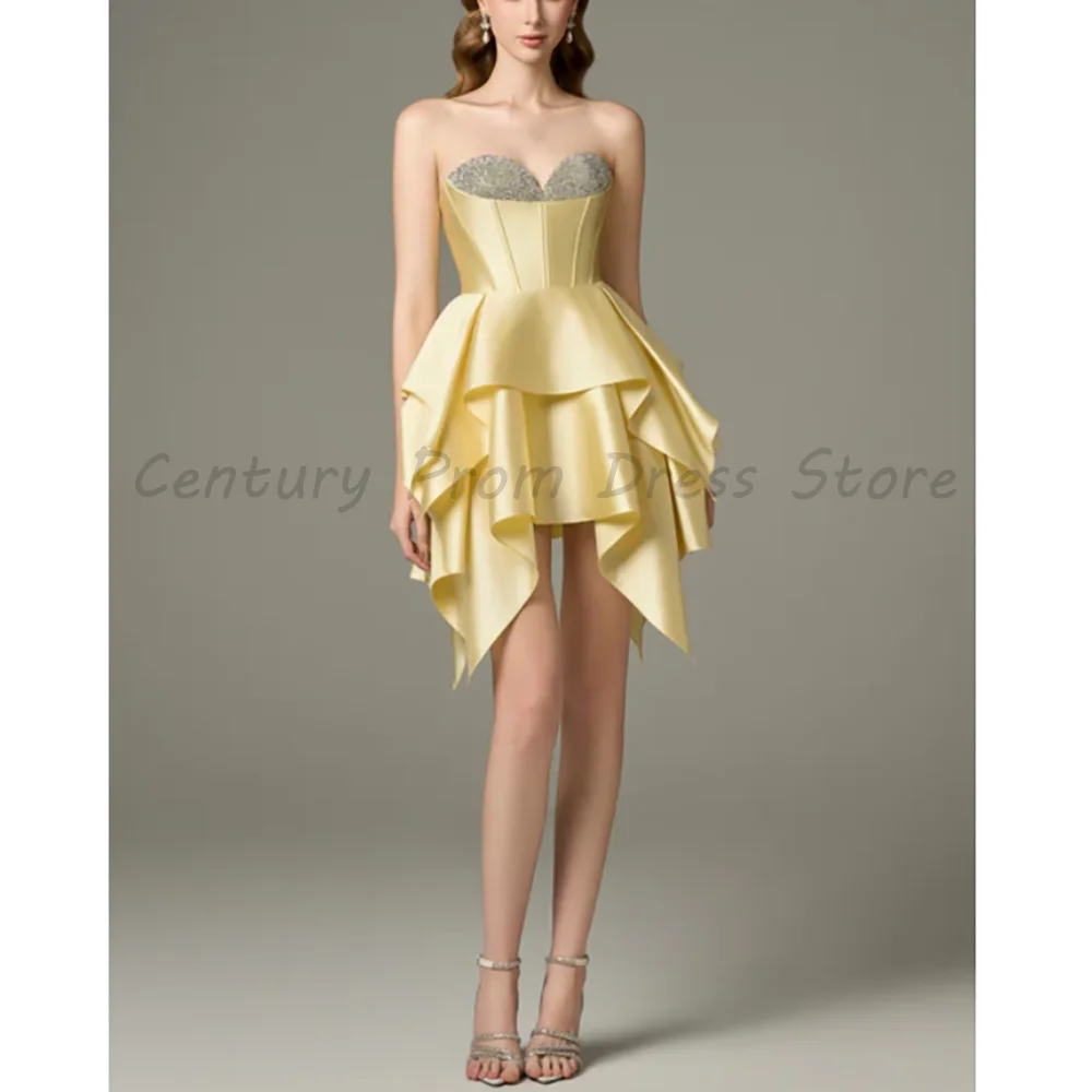 

Yellow Strapless Sweetheart Mini Dress Neckline Satin Corset & Asymmetrical Ruffle Skirt Formal Party Gown