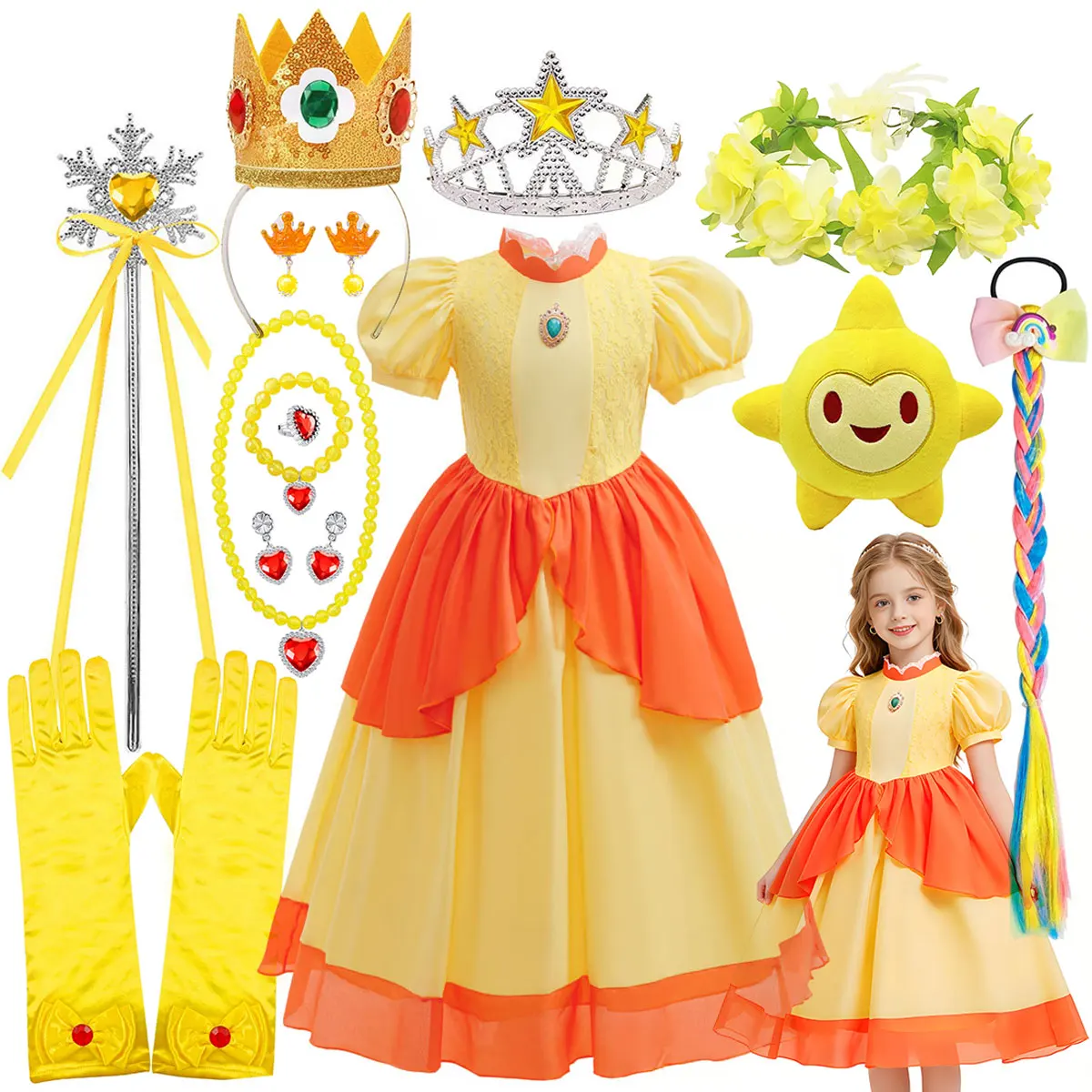 

2026 New Girls Yellow Puffy Princess Dress Elegant Short Sleeve Ball Gown Kids Birthday Party Halloween Carnival Cosplay Outfit