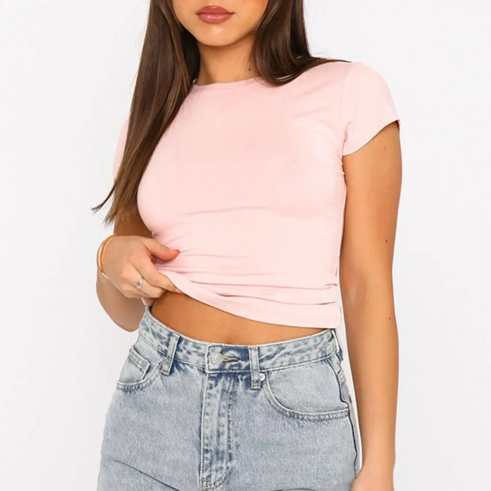 2025 frauen Slim Fit T-shirt Rundhals Kurzarm Pullover Tops Slim Fit Einfarbig T-shirt Streetwear Crop Top Bluse