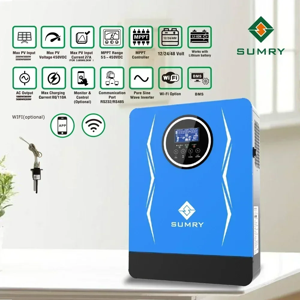 SUMRY Hybrid inverter Off grid 1.8kw 3kw 12v to 220v inverter solar inverter MPPT 80A 110A Max PV 450Vdc for Solar Energy System