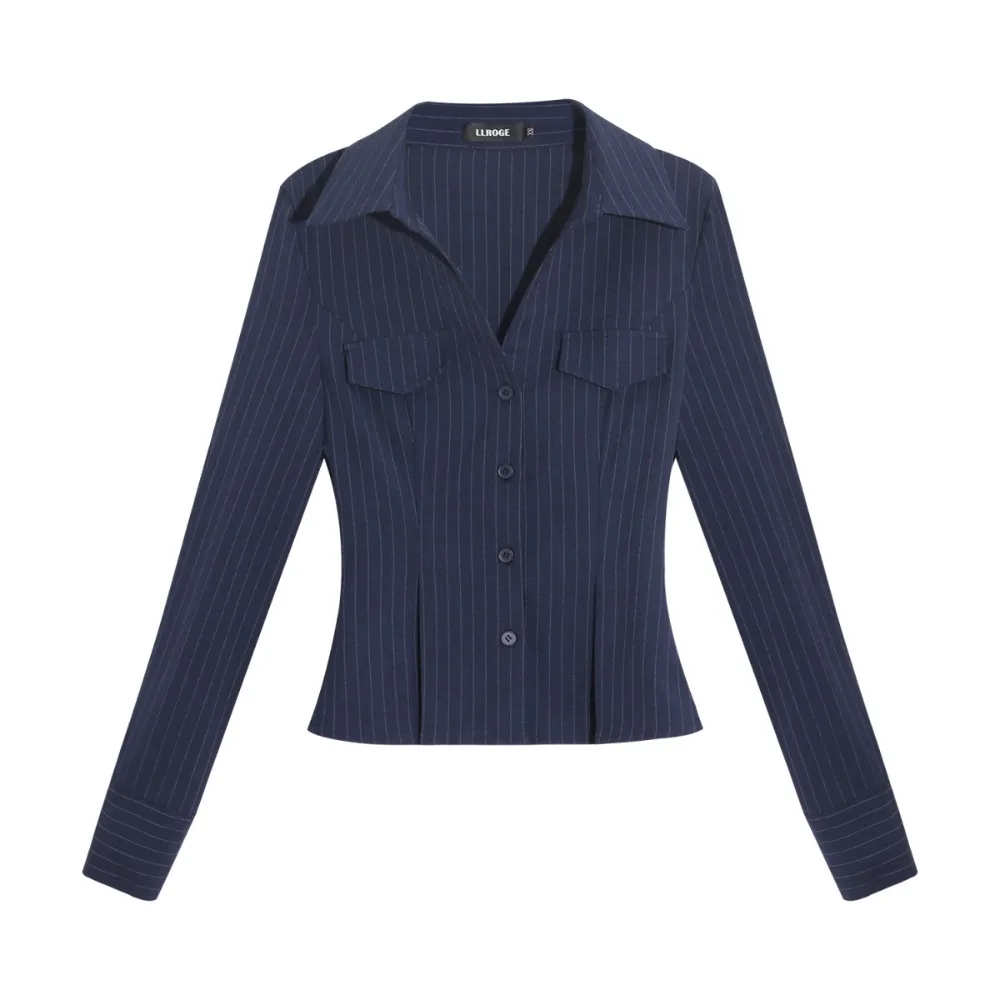 

Sweet Strip Pleated Shirt Top Thin Slim Fit Long Sleeve Blouse Casual Spring Summer Autumn Button Shirt for Women Streetwear