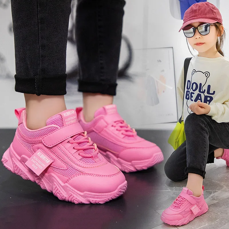 Tênis esportivos de couro PU para crianças, sapatos antiderrapantes para meninos e meninas, calçado casual, luz rosa sólida, gancho e laço branco,