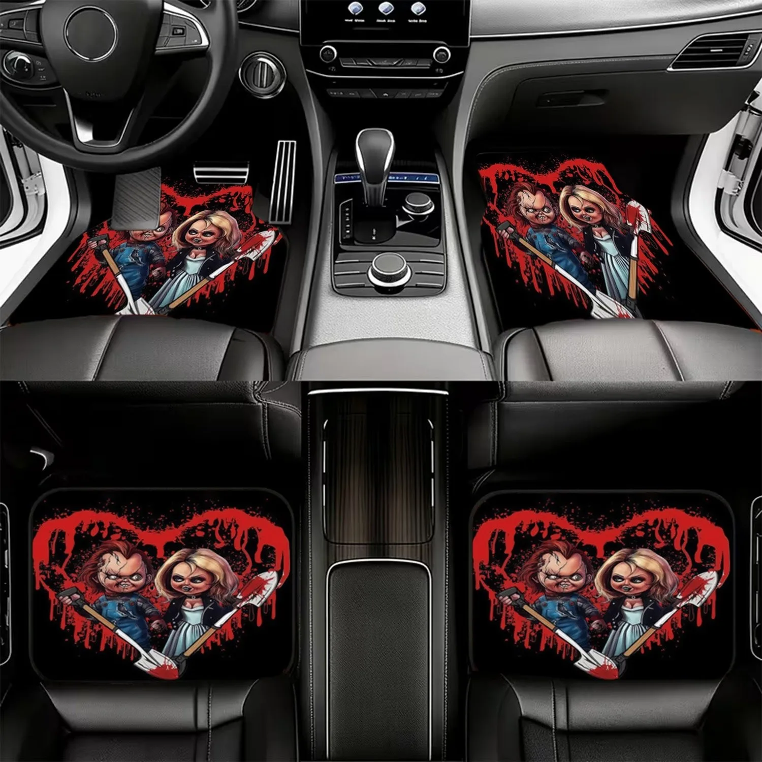 4pcs Car Floor Mats, Material, Featuring Chucky & Tiffany Cartoon Characters, Stylish Blood - Dripping Heart Design, For Car Int