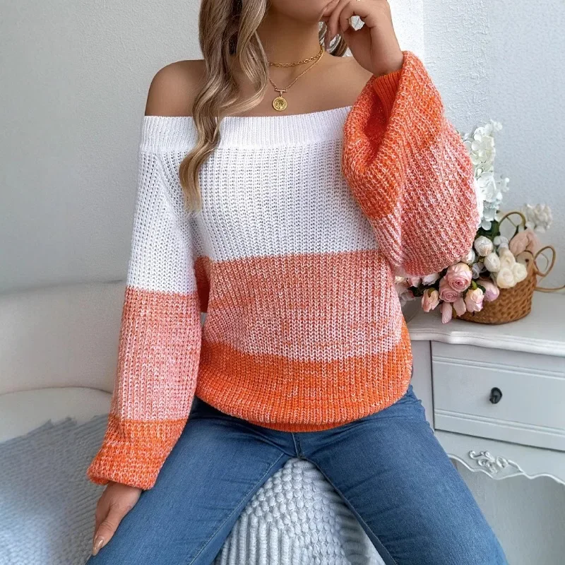 

Sexy Slash Neck Color blocked Knitted Pullover Sweater Women's Pullovers New Full Lantern Sleeve Casual Off Shoulder Tops Woman