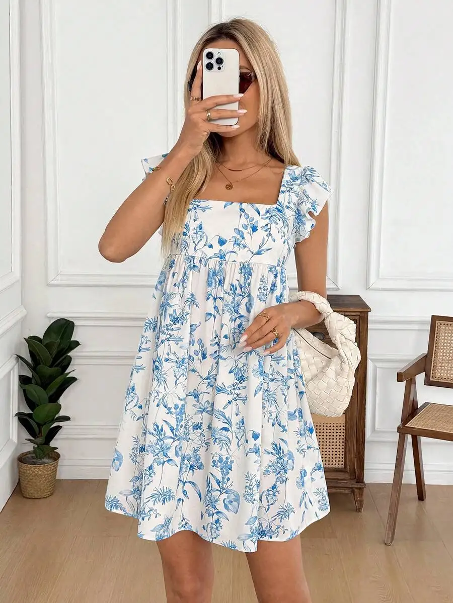 Mini vestido floral blanco y azul, vestido veraniego bohemio con volantes y manga corta, atuendo informal para la playa