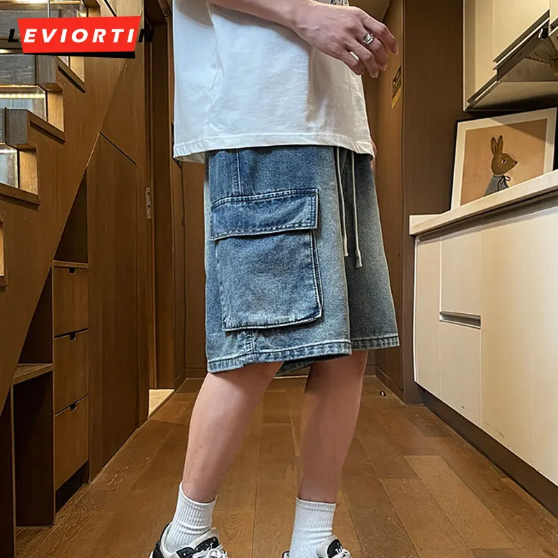 メンズルーズストレートデニムショーツ,新しいスタイル,仕事,ベーシック,多用途,マルチカラー,エラスティック,ウォッシュド,ミドル丈,夏