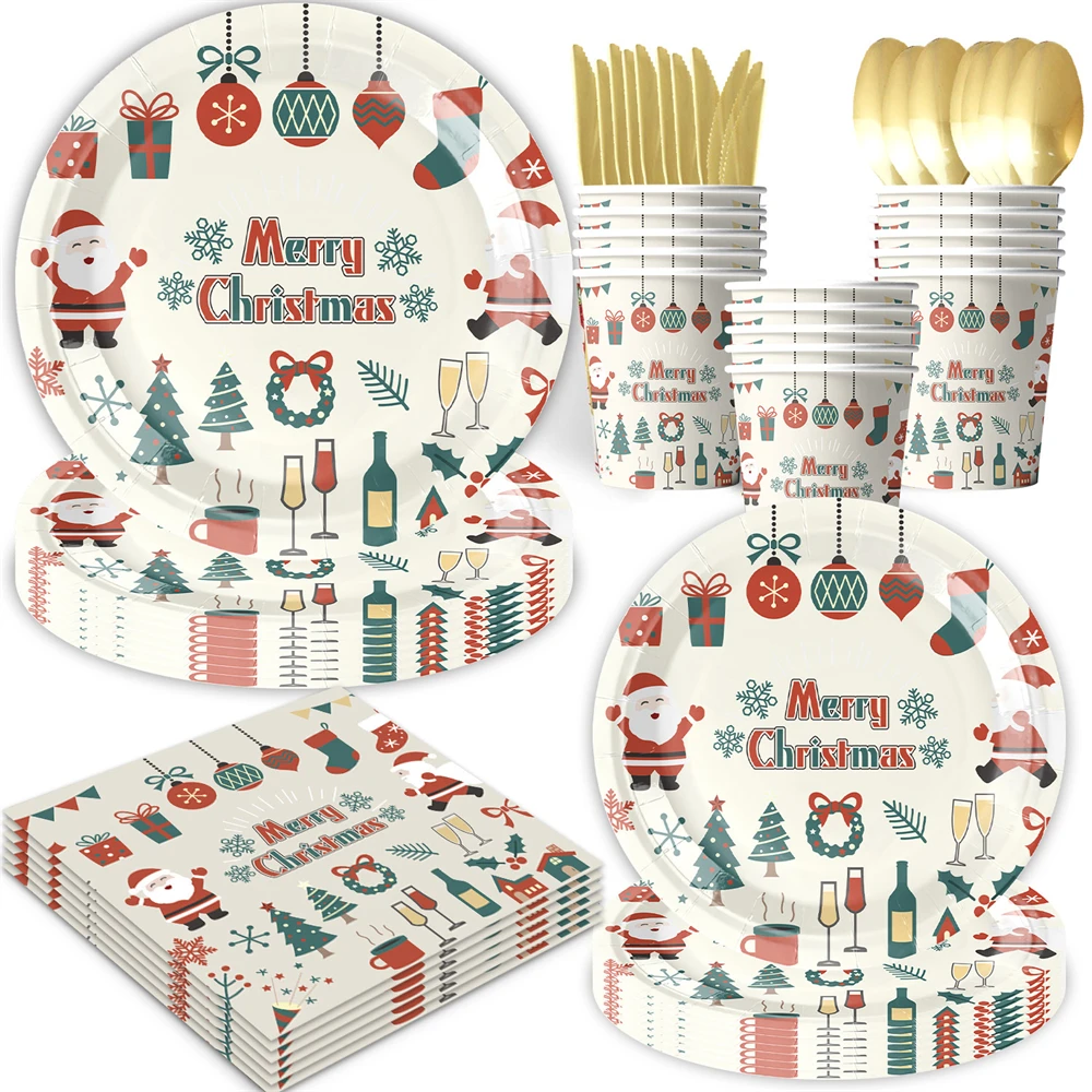 Merry  Christmas Santa Claus Theme  Christmas Stockings Tree  Paper Cups Paper Towels Paper Plates Children's Party Decorations