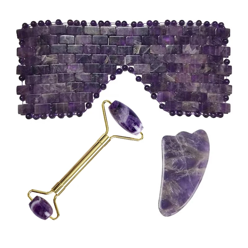 Natural Amethyst Jade Eye Mask Facial Roller Gua Sha Board Gouache Scraper Sleep Eye Curtain Massage Relaxation Beauty Set