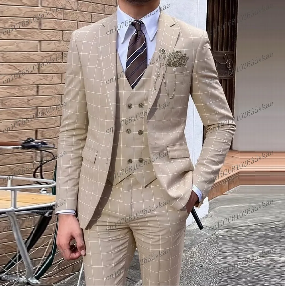 

New Khaki Grid Men Suit Groom Groomsman Wedding Party Formal Business Prom Male Tuxedos 3 Piece Set Blazer Vest Pants