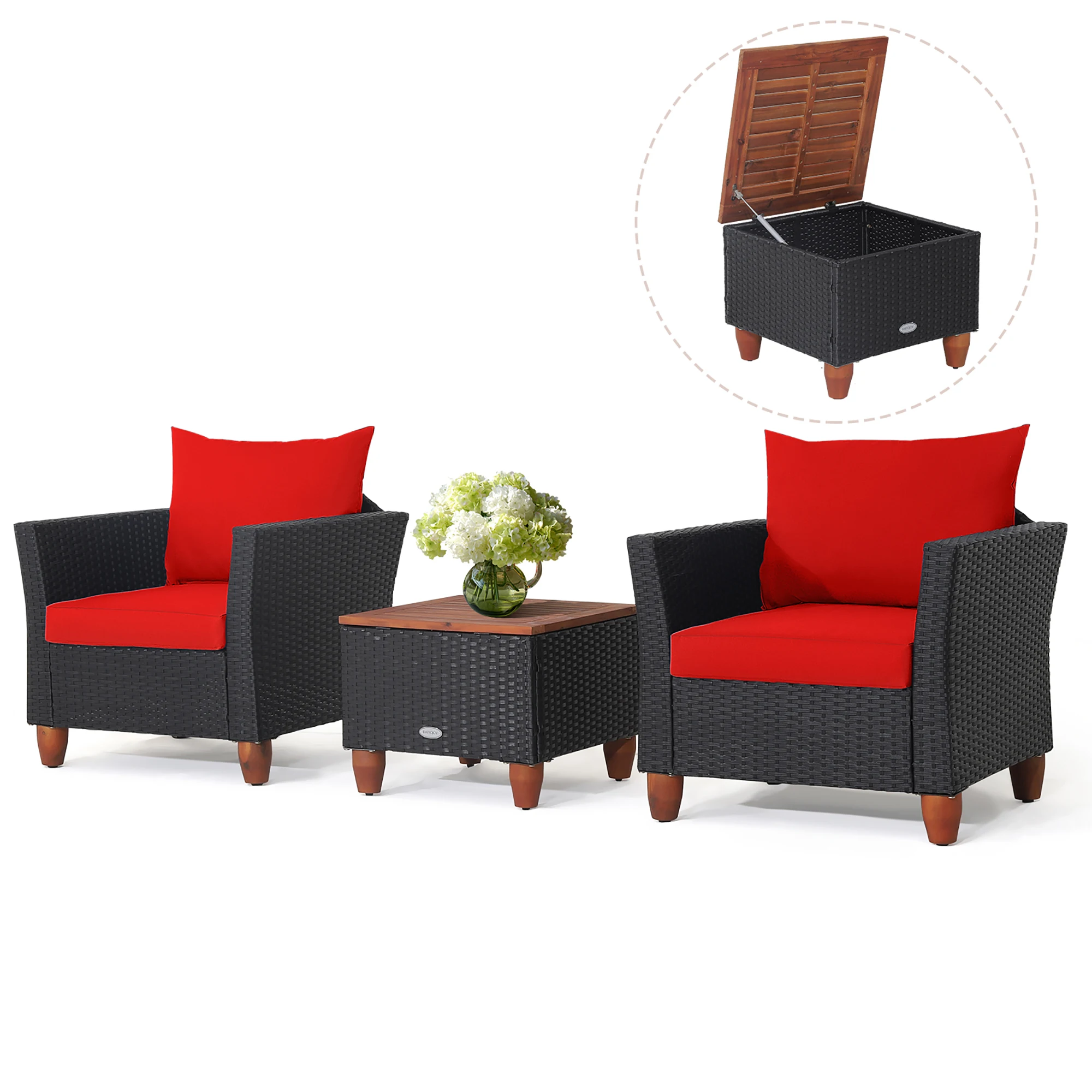 3PCS Patio Rattan Furniture Set Cushioned Sofa Storage Table with Wood Top Red