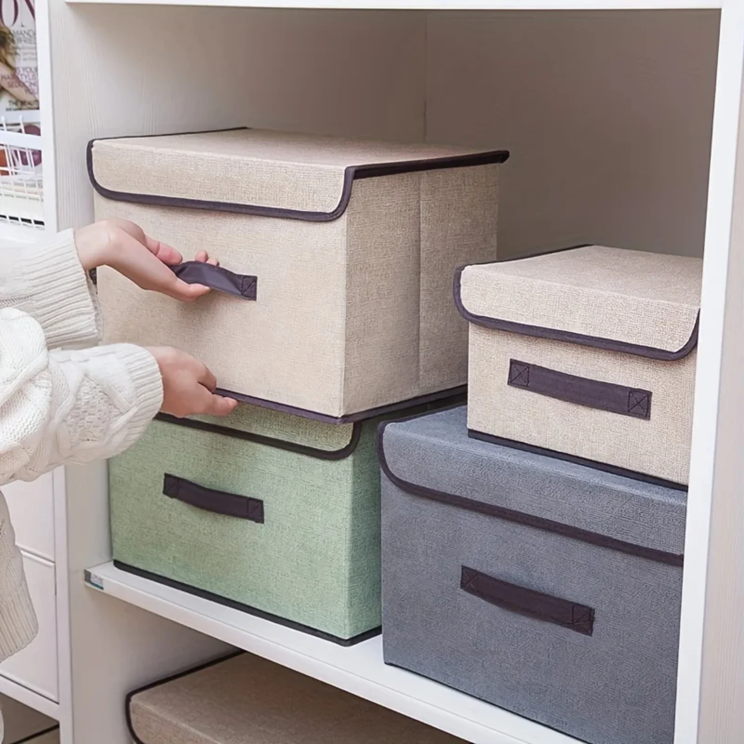 

1pc Imitation Linen Fabric Box Foldable Portable Dustproof Bin With Lid Clothes Sundries Organizer
