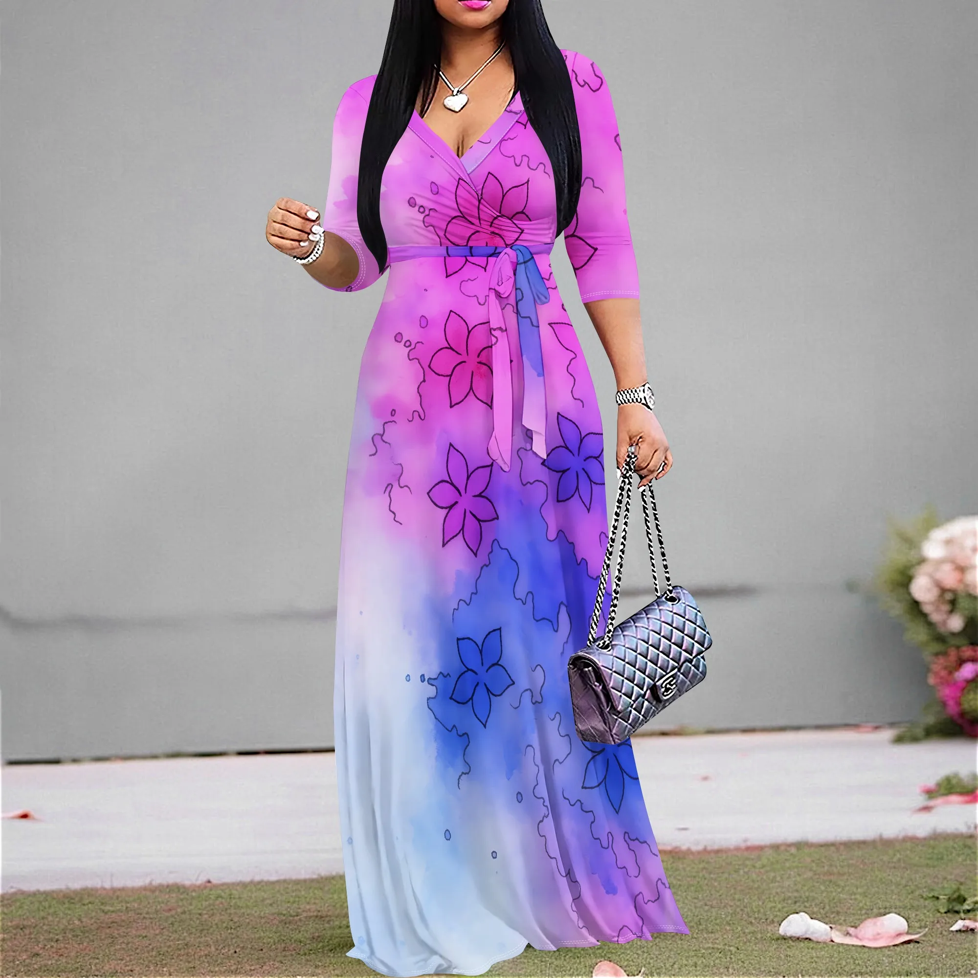 

"S-3XL Gradient Floral Maxi Dress with Belt, Elegant V Neck Long Sleeve Outfit for Summer Beach, Valentine’s Day & Parties"