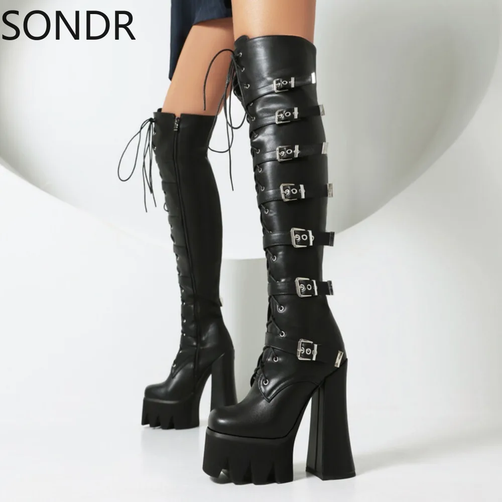 

Womens Over The Knee Boots Platform Lace Up Chunky 15CM High Heel Belt Buckle Knight Riding Shoes Plus Size New 2024