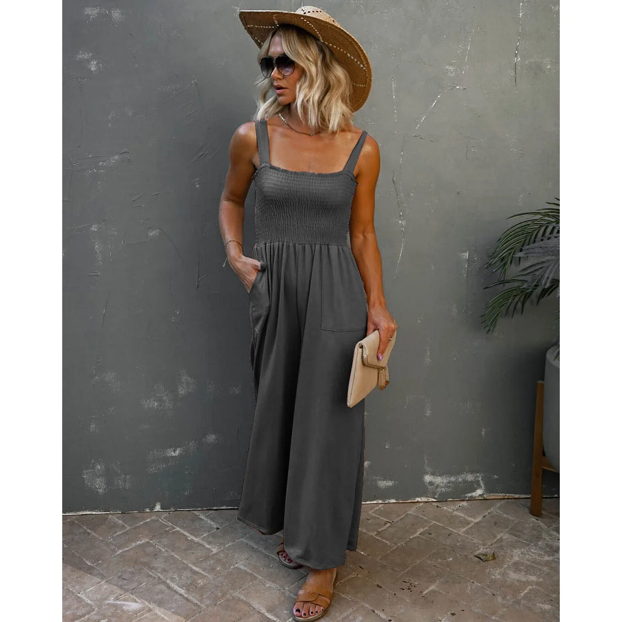 Feminino novo casual bolso solto perna larga calças gerais macacão férias multi-cor cinta sem mangas