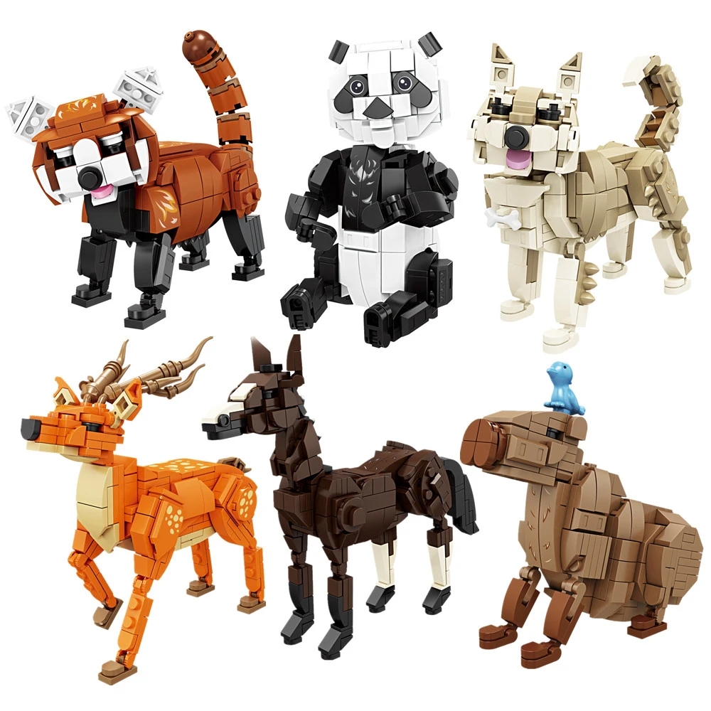 MOC animales de dibujos animados bloques de construcción lindo Panda ciervo Sika caballo Shiba Inu modelo decoración del hogar rompecabezas montar juguetes para regalo de chico