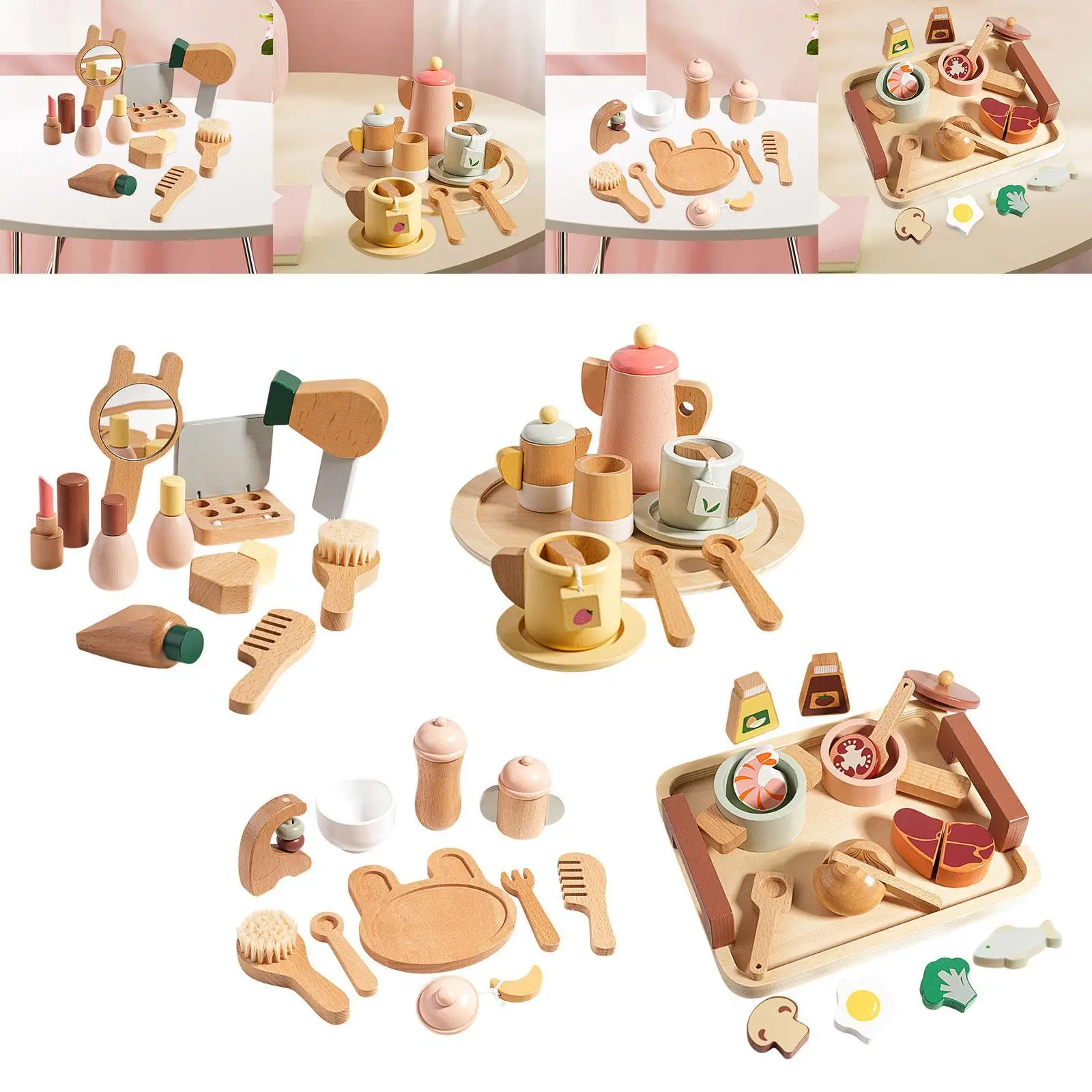 Pretend Play Set Toy Role Play Color Matching Afternoon Tea Set Wooden Toy for Toddlers Birthday Gift Kids Girls Age 3 4 5 6