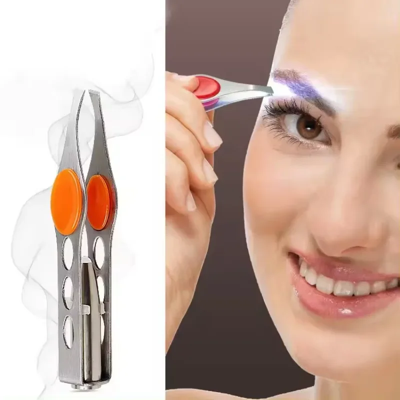 Clip para recortar cejas, ciruela pasa para depilación de ojos, abrazadera para pestañas postizas, 1 LED, acero inoxidable, punta oblicua, herramienta de maquillaje