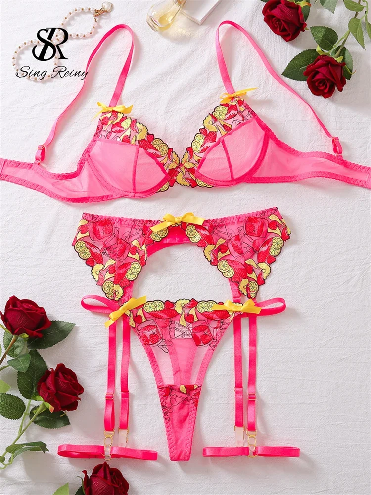 Singreiny-女性のための花柄の刺繍が施されたブラセット,透明な下着,メッシュのランジェリー,韓国スタイルのガーターベルト,スリーピースのスーツ,2024