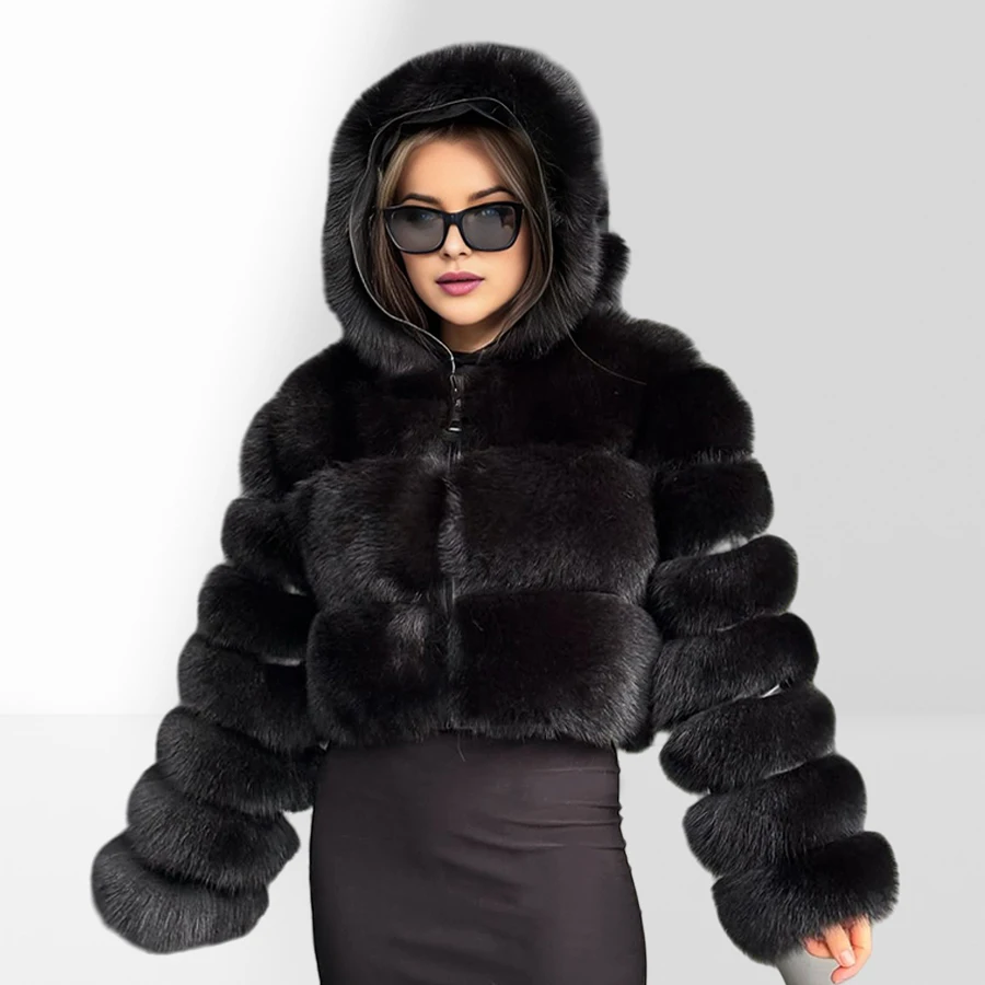 White Winter Fox Fur Jacket For Women Short Real Fox Fur Jacket With Hood Bomber Jacket Luxury High Quality Natural Fur Coat