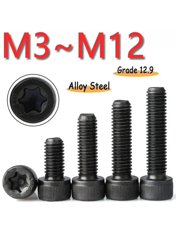 Bouchon cylindrique noir Torx, boulon à douille étoile à Six lobes M3 M4 M5 M6 M8 M10M12 Grade12.9, vis à tête Allen en acier allié